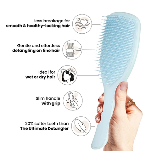 Image 1 - An individual is holding a light blue hairbrush with text highlighting its benefits: less breakage for smooth and healthy-looking hair, gentle and effortless detangling on fine hair, ideal for wet or dry hair, slim handle with grip, and 20% softer teeth than The Ultimate Detangler.
              Image 2 - A woman with long, straight hair is holding a light blue comb to the side of her head, demonstrating its use for fine hair, with text that reads Soft-flex teeth for fine hair.
              Image 3 - An image showing the back of a persons head, with hair appearing frizzy on the left side labeled BEFORE and smooth and healthy on the right side labeled AFTER, alongside statistics that say 97% of users found it gentler on their scalp and 85% rate their hair as healthier-looking after 2 weeks usage.
              Image 4 - Image showing three hairbrushes of different sizes labeled as Mini, Regular, and Large with corresponding measurements, hair type icons, and visible text reading For larger daily detangling.
