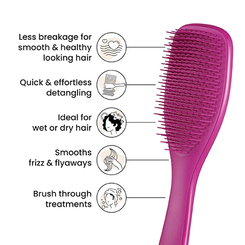 Image 1 - A pink hairbrush is displayed next to five benefits: less breakage for smooth and healthy looking hair, quick and effortless detangling, ideal for wet or dry hair, smooths frizz and flyaways, and brush through treatments.
              Image 2 - A hand holds a pink hairbrush with regular-flex teeth, gliding through brown hair, accompanied by the text that reads Regular-flex teeth for straight to curly hair.
              Image 3 - Image shows a comparison of hair before and after treatment, with the left side displaying frizzy hair labeled BEFORE and the right side showing smooth, straight hair labeled AFTER; text includes statistics 75% experienced no tugging, pulling or pain when brushing and 80% agree that they have fewer knots and tangles.
              Image 4 - Image shows three hairbrush sizes labeled Mini, Regular, and Large with dimensions and hair type recommendations: Mini is 15.5cm tall and 5.3cm wide, Regular is 21.1cm tall and 6.6cm wide, and Large is 23.6cm tall and 7.9cm wide, all with a pink brush design stating For daily detangling.