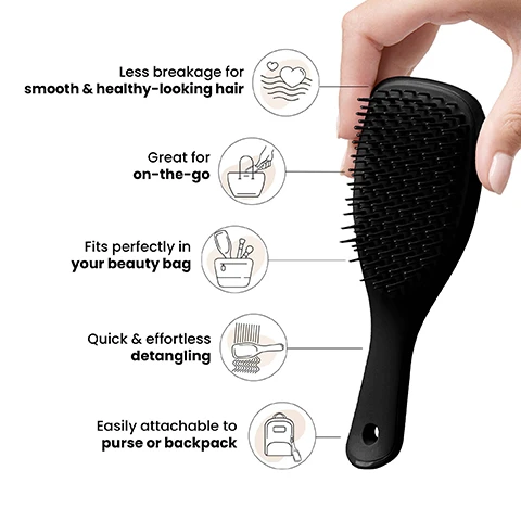 Image 1 - A person is holding a black hairbrush with text highlighting features including less breakage for smooth and healthy-looking hair, great for on-the-go, fits perfectly in your beauty bag, quick and effortless detangling, and easily attachable to purse or backpack.
              Image 2 - A woman with long, wavy hair smiles while holding a black hairbrush, with text that reads Regular-flex teeth for straight to curly hair.
              Image 3 - Image shows a person with long hair, with the left side appearing tangled and wavy labeled BEFORE and the right side looking smooth and straight labeled AFTER; additional text on the right states 97% of users found it gentler on their scalp and 80% agree that they have fewer knots and tangles*.
              Image 4 - Image showing three hairbrushes labeled as Mini, Regular, and Large, with size dimensions and recommendations for hair types; visible text includes For on-the-go detangling and size measurements for each brush.
