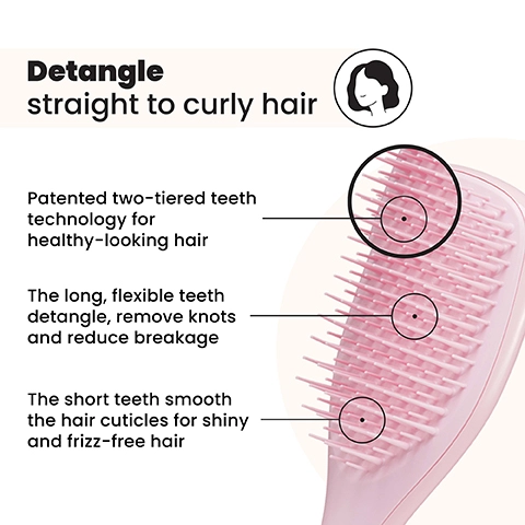 An infographic features a pink hairbrush with bristles, detailing its benefits: Detangle straight to curly hair, Patented two-tiered teeth technology for healthy-looking hair, The long, flexible teeth detangle, remove knots and reduce breakage, The short teeth smooth the hair cuticles for shiny and frizz-free hair.