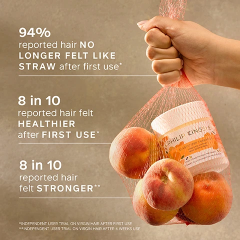 Image 1 - A hand holding a mesh bag filled with apples and a jar of Philip Kingsley Elasticizer Therapy, with text stating 94% reported hair no longer felt like straw after first use, 8 in 10 reported hair felt healthier after first use, and 8 in 10 reported hair felt stronger.
              Image 2 - A blurred cup is shown in the foreground with a customer review about a hair mask printed on a pastel background, stating the positive effects of using the product, followed by the words CUSTOMER REVIEW.
              Image 3 - A bowl of fresh peaches with honey drizzled over them, set against a soft pink background, accompanied by text indicating fragrance notes: HEAD Sweet peach, honey, almond; HEART Rose geranium, tuberose, jasmine; BASE Comforting musk, amber.
              Image 4 - A jar of Philip Kingsley Elasticizer Therapies with a floral design on the front rests on a textured beige surface, accompanied by a list of key ingredients including Hydrolyzed Elastin, Castor Oil, Olive Oil, and Glycerin, each with a brief description of its benefits.
              Image 5 - A hand holds a container of Philip Kingsley Elasticizer Therapies, with the product name and description visible, beside a text box that gives a trichologist tip about wrapping hair in a warm towel after applying the treatment.
              Image 6 - Image shows a textured peach-colored background with white text listing key benefits of a hair product, including clinically proven to reduce breakage after just one use, restores elasticity and bounce, leaves hair strong and shiny, and banishes tangles and frizz, with a footnote about reduction in breakage after one use.