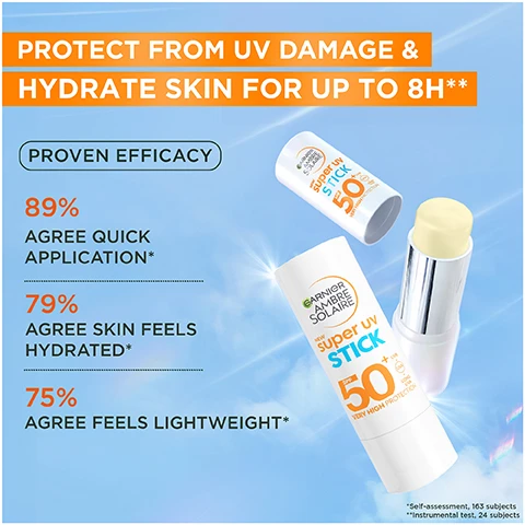 Image 1 - Image shows a sunscreen stick with a light blue and white packaging against a gradient background, featuring text that highlights benefits including protection from UV damage, hydration for up to 8 hours, and statistics on user satisfaction: 89% agree quick application, 79% agree skin feels hydrated, 75% agree feels lightweight.
              Image 2 - A woman applies a skincare stick to her face against a bright blue sky, with text overlay that reads INVISIBLE UV PROTECTION, VISIBLE RESULTS, VISIBLE RESULTS, EASY APPLICATION, MOISTURISING EFFECT, INVISIBLE FINISH ON ALL SKIN PHOTOTYPES.
              Image 3 - A close-up image of a creamy substance with bubbles, labeled with Key Ingredients, showing the text Shea & Cocoa Butter and Vitamin E.
              Image 4 - A hand is shown reaching into a bright orange handbag to grab a sunscreen stick, with text that reads Effortless SPF Touchup, Non-Greasy, Lightweight, Perfect for Face & Hairline.
              Image 5 - A hand placing a sun care product labeled super UV stick into a denim pocket, with text on the image reading POCKET-SIZED SUN CARE and APPLY & REAPPLY ON THE GO.
              Image 6 - An orange handbag sits against a light blue background with a sunscreen stick and a sunscreen lotion placed beside it, featuring text that reads Our Ultimate Sun Protection Duo and visible product labels for Super UV Stick and Super UV Hydrating Lotion SPF 50.