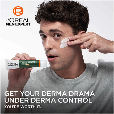 Image 1 - A young man with curly hair applies a skincare product to his face, holding it in one hand and showcasing his application technique, with visible text promoting LOreal Men Expert and stating GET YOUR DERMA DRAMA UNDER DERMA CONTROL, YOURE WORTH IT.
              Image 2 - Image shows a tube of LOreal Men Expert Derma Control moisturizer placed at an angle, with text that lists benefits: visibly less oily, smoother feel, clearer look, fast absorption, and a header reading healthy looking skin.
              Image 3 - A green circular graphic features the text Powered By at the top and 2% [NIACINAMIDE] in the center, with a blurred background suggesting liquid texture.
              Image 4 - A young man with curly hair applying a moisturizer to his face is featured, with text beside him stating Oil Control SPF30 Moisturiser and key benefits: Skin looks clear, Feels smooth, Light texture, Fast absorption.
              Image 5 - Image depicts a skincare routine chart titled YOUR DERMA ROUTINE with three steps: Step 1 features a bottle of LOréal Men Expert Purifying Gel Cleanser, Step 2 includes a Niacinamide Anti-Blemish Serum, and Step 3 shows an Oil-Control Moisturiser SPF30, alongside a tube of S.O.S Pimple Paste.
              Image 6 - A young man with tousled hair is looking towards the camera, accompanied by text that reads TAKE CONTROL OF YOUR BLEMISHES WITH DERMA CONTROL, and includes icons that state SUITABLE FOR ALL SKIN TONES & TYPES and SUITABLE FOR SENSITIVE SKIN.