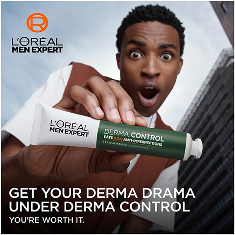 Image 1 - A surprised man holds a tube of LOréal Men Expert Derma Control while standing in front of a modern building; visible text reads GET YOUR DERMA DRAMA UNDER DERMA CONTROL YOURE WORTH IT.
              Image 2 - Side-by-side comparison of two close-up images of skin showing a spot before and after treatment, with visible text stating SPOT SIZE APPEARS VISIBLY REDUCED and a note about results varying by subject.
              Image 3 - A round graphic featuring a mix of green and silver liquid textures with the text POWERED BY 5% [NIACINAMIDE] + [GLYCOLIC ACID] displayed prominently.
              Image 4 - Image shows a male model with curly hair applying a green facial mask, with step-by-step instructions on how to use multi-use pimple paste; the visible text includes HOW TO APPLY THE MULTI-USE PIMPLE PASTE and instructions 1. APPLY ONTO THE PIMPLE OR THE AREA YOU WANT and 2. USE AS A FULL-FACE MASK.
              Image 5 - A close-up image of a young man with smooth skin showcasing a skincare product, featuring the text stating that S.O.S Pimple Paste acts as a purifying mask and lists benefits like visibly reducing pores and blemishes, and making skin feel less oily.
              Image 6 - An organized skincare routine image for LOréal Men Expert featuring a purifying gel cleanser, niacinamide anti-blemish serum, oil-control moisturizer SPF30, and pimple paste, with steps labeled as Your Derma Routine: Step 1, Step 2, Step 3.
              Image 7 - Image of a young man with light blonde hair and a slight smile, wearing a blue shirt, accompanied by text that reads: Take Control of Acne with Derma Control, Created by LOréal Paris, Validated with Dermatologists, Suitable for All Skin Tones & Types, Suitable for Sensitive Skin.