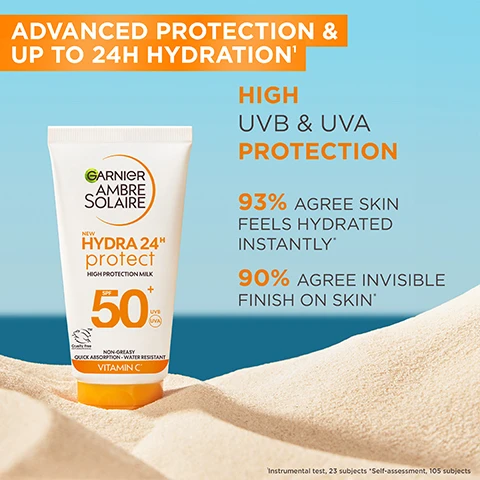 Image 1 - A tube of Garnier Ambre Solaire sunscreen is displayed on a sandy surface with a blue background, featuring text that states ADVANCED PROTECTION & UP TO 24H HYDRATION, HIGH UVB & UVA PROTECTION, 93% AGREE SKIN FEELS HYDRATED INSTANTLY, and 90% AGREE INVISIBLE FINISH ON SKIN.
              Image 2 - A close-up image of a creamy, white substance with a central droplet containing orange and yellow hues, labeled with text highlighting key ingredients: Glycerin, Shea Butter, and Vitamin C.
              Image 3 - A close-up image of a white, creamy texture with visible swirls and grooves, accompanied by text that reads: LIGHTWEIGHT, SUMMER-PROOF TEXTURE, ABSORBS QUICKLY, NON-GREASY & NON-STICKY, INVISIBLE FINISH, NO WHITE CAST, SWEAT, SAND & VERY WATER-RESISTANT.
              Image 4 - A hand holds a tube of Garnier Ambre Solaire Hydra 24+ Protect sun cream, with a blue background and text that reads HOW TO USE, STEP 1. APPLY PRODUCT ONTO SKIN BEFORE SUN EXPOSURE, STEP 2. RE-APPLY FREQUENTLY AND GENEROUSLY TO MAINTAIN PROTECTION, and VITAMIN C.
              Image 5 - An image of a sunscreen product called Sun Blossom Elixir set against a beach background, featuring a coconut half and white flowers, with text detailing the fragrance notes: top notes are apricot, ylang-ylang, bergamot, and pear; heart notes are jasmine, frangipani, water lily, and tiare; base notes are coconut milk, sandalwood, and vanilla.
              Image 6 - A woman with long hair is smiling and embracing herself while standing against a blue sky and ocean background, with the text FORMULATED FOR ALL SKIN TYPES displayed in orange beside her.
              Image 7 - A display of various Hydra Protect sunscreen products arranged on a bright orange surface with a blue water background, featuring the text DISCOVER HYDRA PROTECT RANGE and HYDRATE & HELP PROTECT AGAINST SUN-INDUCED AGEING.