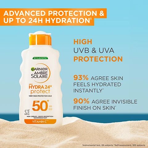 Image 1 - A bottle of Garnier Ambre Solaire sunscreen with a white and orange design sits on a sandy beach background, featuring the text ADVANCED PROTECTION & UP TO 24H HYDRATION, HIGH UVB & UVA PROTECTION, 93% AGREE SKIN FEELS HYDRATED INSTANTLY, and 90% AGREE INVISIBLE FINISH ON SKIN.
              Image 2 - Image shows a smooth white cream background with a shiny orange bead representing Vitamin C in the center, surrounded by labels for key ingredients, including Glycerin and Shea Butter, along with the text KEY INGREDIENTS NOW INFUSED WITH VITAMIN C.
              Image 3 - A close-up view of a smooth, creamy texture with wavy lines and a light beige color, featuring visible text that reads lightweight, summer-proof texture, absorbs quickly, non-greasy & non-sticky, invisible finish, no white cast, sweat, sand & very water-resistant.
              Image 4 - An image shows a person applying sunscreen from a bottle, with text outlining the steps on how to use the product: HOW TO USE, STEP 1. APPLY PRODUCT ONTO SKIN BEFORE SUN EXPOSURE, STEP 2. RE-APPLY FREQUENTLY AND GENEROUSLY TO MAINTAIN PROTECTION.
              Image 5 - A bottle of Garnier Ambre Solaire Hydra 24+ Protect sunscreen with a coconut half beside it, displaying the products sun protection factor of 50 and text outlining fragrance notes: top notes of apricot, ylang-ylang, and bergamot; heart notes of jasmine, frangipani, water lily, and tiaré; base notes of coconut milk, sandalwood, and vanilla.
              Image 6 - A smiling woman with long hair is standing by the ocean, wearing a sleeveless white top and large orange hoop earrings, with text that says FORMULATED FOR ALL SKIN TYPES.
              Image 7 - A variety of sun protection products are displayed beside a swimming pool, featuring items labeled with SPF numbers 20, 30, and 50, along with the text DISCOVER HYDRA PROTECT RANGE and HYDRATE & HELP PROTECT AGAINST SUN-INDUCED AGEING.