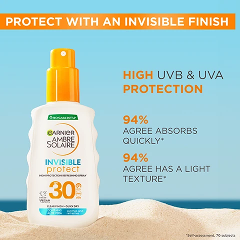 Image 1 - Image of a sunscreen bottle labeled Garnier Ambre Solaire Invisible Protect with a yellow cap, sitting on light sand, with text stating Protect with an invisible finish, High UVB & UVA protection, 94% agree absorbs quickly, and 94% agree has a light texture.
              Image 2 - An image of a green gel sphere containing aloe vera, with text that reads KEY INGREDIENTS at the top and ALOE VERA and REFRESHING FORMULA INFUSED WITH ALOE VERA to the side.
              Image 3 - A close-up image of water droplets on a light blue background with the text LIGHTWEIGHT TEXTURE INVISIBLE FINISH in orange at the top and the phrases ABSORBS QUICKLY, QUICK-DRY TEXTURE, NON-STICKY FINISH, and VERY WATER-RESISTANT in white on the right side.
              Image 4 - An image of a hand holding a bottle of Garnier Ambre Solaire Invisible Protect sunscreen spray with a blue sky in the background, accompanied by text outlining usage steps: HOW TO USE, STEP 1. SPRAY PRODUCT ONTO HANDS, STEP 2. APPLY ONTO SKIN BEFORE SUN EXPOSURE, STEP 3. RE-APPLY FREQUENTLY AND GENEROUSLY TO MAINTAIN PROTECTION.
              Image 5 - A smiling woman with long hair wearing large orange hoop earrings is gently touching her arm against a bright blue sky and ocean backdrop, with the text FORMULATED FOR ALL SKIN TYPES in orange to the right.
              Image 6 - Two bottles of Garnier Ambre Solaire sunscreen are placed on an orange surface next to a turquoise pool, with the label on the right bottle reading GARNIER AMBREE SOLAIRE INVISIBLE PROTECT SPF 30 ALOE VERA and a header above stating DISCOVER INVISIBLE PROTECT REFRESH & HELP PROTECT FROM SUN EXPOSURE.