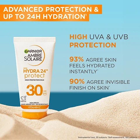 Image 1 - A sunscreen tube labeled Garnier Ambre Solaire Hydra 24 Protect with an SPF of 30 is shown against an orange and blue background, featuring text that states Advanced Protection & Up to 24H Hydration, High UVA & UVB Protection, 93% Agree Skin Feels Hydrated Instantly, and 90% Agree Invisible Finish on Skin.
              Image 2 - An image of a creamy white texture with a circular capsule containing orange liquid, surrounded by labels indicating key ingredients: Glycerin, Vitamin C, and Shea Butter, with the text KEY INGREDIENTS NOW INFUSED WITH VITAMIN C.
              Image 3 - A creamy, light-colored product texture is shown with text stating LIGHTWEIGHT, SUMMER-PROOF TEXTURE, ABSORBS QUICKLY, NON-GREASY & NON-STICKY, INVISIBLE FINISH, NO WHITE CAST, and SWEAT, SAND & VERY WATER-RESISTANT.
              Image 4 - A person holds a tube of Garnier Ambre Solaire Hydra 24 Protect sunscreen with SPF 30 against a bright orange background, and text on the image outlines the steps to use the product: STEP 1. APPLY PRODUCT ONTO SKIN BEFORE SUN EXPOSURE, STEP 2. RE-APPLY FREQUENTLY AND GENEROUSLY TO MAINTAIN PROTECTION.
              Image 5 - A sunscreen bottle labeled Hydra 24h protect with SPF 30 surrounded by flowers, a lime, and a coconut half, with text stating MEET SUN BLOSSOM ELIXIR A FRESH, SUMMERY FRAGRANCE and listing fragrance notes.
              Image 6 - A woman with long hair smiles and touches her shoulder while standing by the beach, with a clear blue sky in the background, and the text FORMULATED FOR ALL SKIN TYPES displayed in orange.
              Image 7 - An array of sunscreen products is displayed on an orange surface next to a blue swimming pool, with visible text that reads Discover Hydra Protect Range Hydrate & Help Protect Against Sun-Induced Ageing.