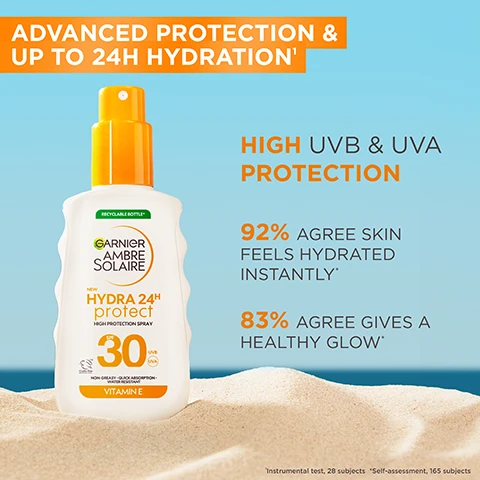 Image 1 - A sunscreen spray bottle sits on a sandy beach background, with text promoting advanced protection and hydration, highlighting high UVB and UVA protection, and mentioning statistics about skin hydration and glow.
              Image 2 - An image of a creamy, light-colored background with a droplet containing orange and yellow ingredients in the center, labeled with the key ingredients: Glycerin, Vitamin E, and Shea Butter.
              Image 3 - Close-up of droplets on a light blue background with the text LIGHTWEIGHT TEXTURE at the top and descriptions including ABSORBS QUICKLY, NON-GREASY & NON-STICKY, INVISIBLE FINISH, NO WHITE CAST, and WATER, SWEAT & SAND-RESISTANT.
              Image 4 - Image of a sunscreen spray bottle against a blue background with instructions for use, including text: HOW TO USE, STEP 1. SPRAY PRODUCT ONTO HANDS, STEP 2. APPLY ONTO SKIN BEFORE SUN EXPOSURE, STEP 3. RE-APPLY FREQUENTLY AND GENEROUSLY TO MAINTAIN PROTECTION.
              Image 5 - A sunscreen bottle labeled Garnier Ambre Solaire with the text 30 is placed on a sandy surface beside a coconut, lime, and flowers, with descriptions of top notes, heart notes, and base notes of a fragrance including apricot, jasmine, and coconut milk.
              Image 6 - A woman with long hair wearing large orange hoop earrings smiles while applying lotion to her shoulder, with a light blue sky and ocean in the background, and the text FORMULATED FOR ALL SKIN TYPES displayed in orange.
              Image 7 - A selection of sun protection products displayed on an orange surface beside a pool, featuring various sizes of bottles and tubes labeled Hydra Protect, with visible text that reads DISCOVER HYDRA PROTECT RANGE and HYDRATE & HELP PROTECT AGAINST SUN-INDUCED AGEING.