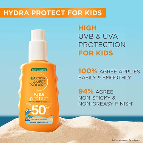 Image 1 - A bottle of Garnier Ambre Solaire Hydra Protect sunscreen for kids, set against a sandy beach background, with visible text stating HYDRA PROTECT FOR KIDS, HIGH UVB & UVA PROTECTION FOR KIDS, 100% AGREE APPLIES EASILY & SMOOTHLY, and 94% AGREE NON-STICKY & NON-GREASY FINISH.
              Image 2 - An image of a creamy white substance with a translucent, golden capsule in the center, labeled with the key ingredients: Glycerin, Vitamin E, and Aloe Vera.
              Image 3 - Image of a textured surface with hundreds of water droplets on a light blue background, featuring text that reads: LIGHTWEIGHT TEXTURE, ABSORBS QUICKLY, NON-GREASY & NON-STICKY, INVISIBLE FINISH, NO WHITE CAST, WATER, SWEAT & SAND-RESISTANT.
              Image 4 - An image of a Garnier Ambre Solaire Kids Protect sunscreen bottle with instructions on how to use it, displaying steps: 1. Spray product onto hands, 2. Apply onto skin before sun exposure, 3. Re-apply frequently and generously to maintain protection, with a playful cartoon character on the bottle and a blue sky background.
              Image 5 - A smiling child wearing a straw hat and a white shirt holds a sunscreen bottle while standing on a beach with blue water and mountains in the background; visible text reads FORMULATED FOR ALL SKIN TYPES* *Tested under pediatric control.
