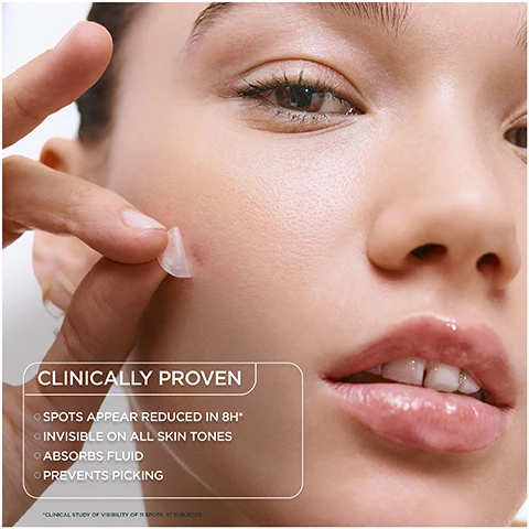 Image 1 - A close-up image of a young womans face showing her applying a small patch to her skin, with visible text that reads CLINICALLY PROVEN, SPOTS APPEAR REDUCED IN 8H, INVISIBLE ON ALL SKIN TONES, ABSORBS FLUID, PREVENTS PICKING.
              Image 2 - A close-up image of a dark-skinned man and a light-skinned woman, both with clear skin, showcasing a beauty product, with the text ultra-thin & invisible on all skin tones displayed at the bottom.
              Image 3 - An illustration showing how a hydrocolloid patch works, with arrows indicating fluid absorption and the text HOW IT WORKS at the top and HYDROCOLLOID PATCH ABSORBS FLUID TO VISIBLY FLATTEN THE SPOT at the bottom.
              Image 4 - Image showing two close-up views of skin, with the left labeled BEFORE showing a red pimple and the right labeled AFTER 8H* showing reduced redness and swelling; small text at the bottom states individual results may vary.
              Image 5 - Image shows three steps for using a skin patch: Step 1 depicts a hand peeling a patch from a sheet, Step 2 shows the patch being applied to a clean, dry face, and Step 3 illustrates the patch being removed, with visible text stating HOW TO USE, STEP 1, STEP 2, and STEP 3, along with AM and PM icons and REMOVE AFTER 8H.
              Image 6 - A close-up of a man touching his cheek, showing two circular icons with measurements of 10mm and 12mm, alongside text that reads TWO SIZES TO COVER ALL SPOTS.
              Image 7 - A young person is touching their chin, showcasing their skin, with a circular graphic indicating a product on their face, and text stating tested under dermatological control and for all skin types.
              Image 8 - Image shows four skincare products arranged on a light background, labeled as part of a daily routine with visible text indicating each step: Step 1: Purifying Cleanser, Step 2: Liquid Care, Step 3: Daily UV, and Step 4: Blemish Patches, with branding from Garnier PureActive.