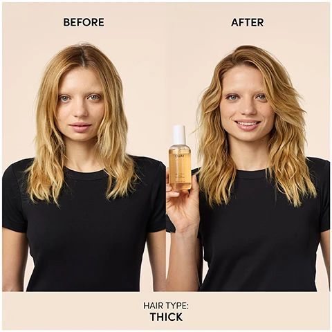 Image 1 - A woman is shown in two images side by side, with the left labeled BEFORE showing her with slightly wavy hair, and the right labeled AFTER showing her with styled, voluminous hair, holding a bottle of OUAI hair product; below the images, it states HAIR TYPE: THICK.
              Image 2 - Image shows two bottles of OUAI Wave Spray with a light gray background; the left bottle is 4.9 fl oz/145 ml and the right bottle is 6 fl oz/177 ml, with text stating NEW & IMPROVED WAVE SPRAY Same beachy texture, OUAI better feel and bullet points detailing the benefits: New bottle, Soft to the touch waves that never feel sticky, and More even spray for effortless application.
              Image 3 - Image shows a woman demonstrating hair care steps with wave spray, holding a bottle in the first step, spraying in the second, scrunching in the third, and holding the bottle and styling in the fourth, with visible text for each step: Step 1: Give Wave Spray a good shake, Step 2: Spray from roots to ends, Step 3: Scrunch, twist, squeeze for defined waves & enhanced texture, Step 4: Air dry or style with heat for a more defined wave.