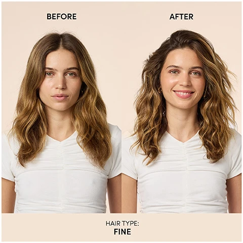 Image 1 - Before and after images of a woman with fine hair, showing her on the left with straight hair and on the right with voluminous, wavy hair, labeled as BEFORE and AFTER, with the text HAIR TYPE: FINE at the bottom.
              Image 2 - Image shows two bottles of OUAI Wave Spray side by side with a light background; the text reads NEW & IMPROVED WAVE SPRAY Same beachy texture, OUAI better feel, with notes highlighting a new bottle, soft to the touch waves that never feel sticky, and more even spray for effortless application.
              Image 3 - A bottle of OUAI fragrance sits in the center surrounded by fresh fruits, including lemon, pear, and raspberry, with purple and green flowers in the background; the visible text reads RIDE A OUAI-VE OF CITRUS & JASMINE, NORTH BONDI FRAGRANCE, NOTES: ITALIAN LEMON, BERGAMOT, JASMINE & VIOLET.