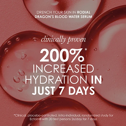Image 1 - Image of droplets on a pink background with promotional text for Rodial Dragons Blood Water Serum, stating clinically proven 200% increased hydration in just 7 days, and includes a note about a clinical study.
              Image 2 - Image of a textured, white, organic-looking substance, along with promotional text that reads Drench your skin in Rodial Dragons Blood Water Serum with hyacare tremella mushroom holding 1000x its weight in water to draw moisture into the skin. Double-blind with Ectoin®, intra-individual, placebo-controlled clinical study 24 female volunteers 2x/day for 28 days.
              Image 3 - A close-up image of a person’s face with pink serum dripping down the cheek, featuring promotional text that reads: drencht your skin in Rodial Dragons Blood Water Serum, clinically proven, wrinkles visibly reduced by 70% in 60 days, and additional study details at the bottom.