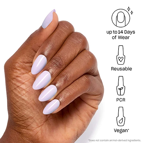 Image 1 - A hand with long, pointed, lavender nails is shown, accompanied by icons indicating attributes like up to 14 days of wear, reusable, PCR, and vegan, along with a disclaimer stating it does not contain animal-derived ingredients.
              Image 2 - Image shows a step-by-step guide titled GET PRESSED UP, with four circular icons numbered 1 to 4; icon 1 labeled FIT shows two nails, text reads Find your perfect size, icon 2 labeled SHAPE shows a nail with a tape measure, text reads Option to do hue with custom tips, icon 3 labeled PREP shows a nail with a sparkle, text reads Buff, file and wipe, and icon 4 labeled xPRESS shows a hand applying glue, text reads Glue, press, and hold to dry.