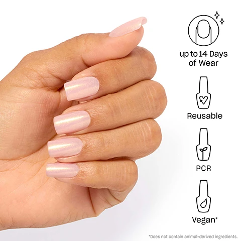 Image 1 - A hand with long, light pink nails is shown, accompanied by icons and text stating up to 14 days of wear, reusable, PCR, and vegan, with a note indicating it does not contain animal-derived ingredients.
              Image 2 - Illustration showing four steps for using press-on nails: 1. Fit - Find your perfect size; 2. Shape - Option to do hue with custom tips; 3. Prep - Buff, file, and wipe; 4. xPress - Glue, press, and hold to dry.