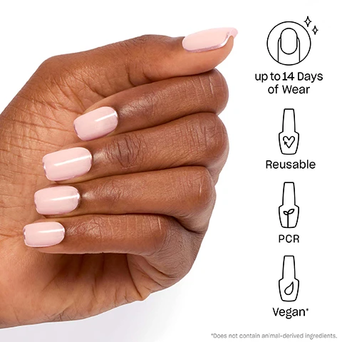 Image 1 - A hand with light pink, glossy nails is shown against a white background, with accompanying text on the right stating up to 14 Days of Wear, Reusable, PCR, and Vegan, along with a note that it does not contain animal-derived ingredients.
              Image 2 - Image depicts a four-step guide to applying press-on nails with icons representing each step: 1. Fit - Find your perfect size; 2. Shape - Option to do hue with custom tips; 3. Prep - Buff, file, and wipe; 4. xPress - Glue, press, and hold to dry.