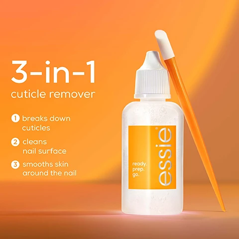 Image 1 - A white bottle of Essie 3-in-1 cuticle remover with an orange cap and an orange applicator stick beside it, on a gradient orange background, with text stating: 1 breaks down cuticles, 2 cleans nail surface, 3 smooths skin around the nail, ready, prep, go.
              Image 2 - Close-up of a clear gel with bubbles on a soft gradient background, featuring the text pro-inspired gel formula with 5% refining complex + apricot oil.
              Image 3 - A hand holding a transparent bottle labeled essie with an orange cap and ready. prep. go. text next to a hand holding an orange cuticle pusher with a white tip, with the words precision tip, convenient cuticle pusher, and easy squeeze bottle visible in orange text.
              Image 4 - A close-up of a hand applying a product to cuticles using a tool with an orange handle, alongside steps for application that read easy, precise application 1 apply 1-2 drops & massage 2 push back cuticles 3 rinse to remove.
              Image 5 - Image shows two products from Essie for cuticle care, with a clear liquid blob and a gradient background; visible text includes cuticle care routine, prep before mani, ready. prep. go., and hydrate after mani.