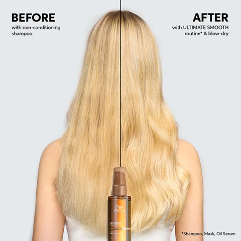Image 1 - Image shows a comparison of hair before and after using Wellas Ultimate Smooth products, with the left side displaying frizzy hair labeled BEFORE with non-conditioning shampoo and the right side showing smooth, styled hair labeled AFTER with ULTIMATE SMOOTH routine* & blow-dry, with a bottle of the product in the center.
              Image 2 - An abstract image illustrating hair strands with highlighted layers, labeled Patented Technology with Squalane & Omega 9, and text reading Outside Creates a protective barrier and Inside It deeply nourishes the hair.
              Image 3 - Image depicts a Wella Professionals hair care set with three products labeled CLEAN, CONDITION, and TREAT, designed for achieving smooth hair, and the text reads ULTIMATE SMOOTH ROUTINE TO FIGHT FRIZZY, DRY & DULL HAIR.
              Image 4 - Three women with different hairstyles are posed against a warm, orange background: one with curly hair in the center, one with long, blonde straight hair on the left, and one with long, wavy dark hair on the right.
              Image 5 - A collection of Wella Professional hair care products labeled Ultimate Smooth sits against a warm, textured background, with visible text stating UP TO 85% SMOOTHER HAIR, 96 HOURS FRIZZ CONTROL, and SILKY SHINE.
              Image 6 - A glass bottle of hair serum with a gold cap is lying on a gold surface, with droplets of serum beside it; visible text includes dermatologically tested, suitable for colored hair, and UV & heat protection up to 220 degrees.