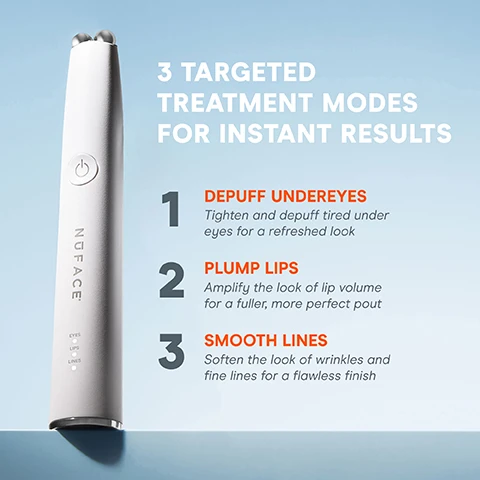Image 1 - A NuFACE device is shown against a light blue background with text that reads 3 TARGETED TREATMENT MODES FOR INSTANT RESULTS, followed by descriptions for each mode: 1 DEPUFF UNDER EYES, 2 PLUMP LIPS, 3 SMOOTH LINES.
              Image 2 - The image shows a comparison of an eye area before and immediately after treatment, with the top half labeled Before and the bottom half labeled Immediately After, featuring smooth skin with fewer fine lines; visible text states RESULTS IN 3 MINUTES, 97% Saw an instant reduction in fine lines around the eyes, and FDA-Cleared Safe Effective.
              Image 3 - Image shows a close-up of a persons lips, with a comparison of before and immediately after using a product, showing fuller lips. Text on the right side states RESULTS IN 3 MINUTES and 92% Saw instantly plumper-looking lips* with a seal indicating FDA-CLEARED SAFE & EFFECTIVE.
              Image 4 - An instructional image showing three steps for using a skincare device, with a close-up of a womans face applying a product, and text sections labeled PREP, ACTIVATE, and FIX, describing the respective steps of cleansing, applying serum, and selecting treatment modes.
              Image 5 - Image shows a comparison chart for NuFACE devices including the MINI, TRINITY, and FIX MicroWand, featuring treatment benefits like skin smoothing and muscle sculpting, with check marks indicating features for each device, and includes visible text listing microcurrent treatment areas such as depuff under eyes and smile lines.
              Image 6 - A smartphone displays the NuFACE Smart App interface, featuring images and descriptions of facial lift tutorials, including options for 15-minute and 5-minute treatments, along with a reminder feature for treatments. Visible text includes SMART APP, FOLLOW STEP-BY-STEP TUTORIALS, TRACK PROGRESS, CUSTOMIZE RESULTS WITH APP-EXCLUSIVE TREATMENTS, and SET TREATMENT REMINDERS.