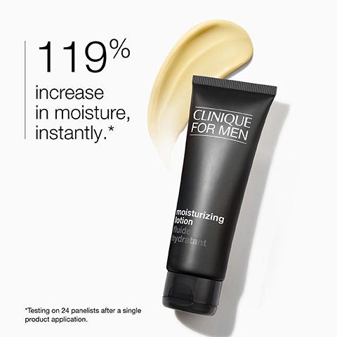 A black tube of Clinique for Men moisturizing lotion is shown with a swirl of cream beside it, accompanied by the text stating 119% increase in moisture, instantly.* and *Testing on 24 panelists after a single product application.