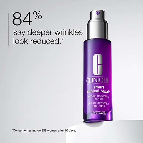 Image 1 - A purple bottle of Clinique smart clinical repair wrinkle correcting serum is shown, with text stating 84% say deeper wrinkles look reduced, and a note on consumer testing of 358 women after 10 days.