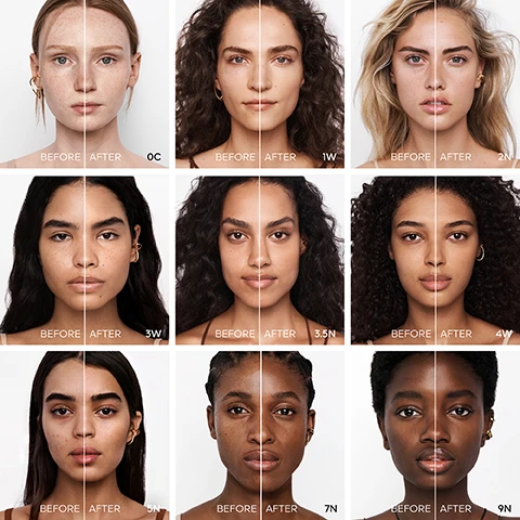 Image 1 - A grid of six faces showing before and after images; the left side of each face is labeled BEFORE and the right side is labeled AFTER, with various numeric and letter codes below the images including 0C, 1W, 2N, 3W, 3.5N, 4W, 5N, 7N, and 9N.
              Image 2 - Two bottles of Guerlain Terracotta Le Teint Glow foundation are shown with a brown fluid backdrop, featuring text that states 2X MORE RADIANCE, 24H RADIANCE & PLUMPNESS, and 48H HYDRATION & SKIN-BARRIER PRESERVATION.
              Image 3 - A collection of foundation bottles in various shades is displayed, with labels reading TERRACOTTA and LE TEINT GLOW, and the text A TAILOR-MADE RESULT DESIGNED FOR ALL SKIN TONES above.
              Image 4 - Image shows two bottles of Guerlain Terracotta foundation products with a creamy texture swatched beside them, labeled Luminous Matte and Healthy Glow, and visible text includes POWDER MEETS FOUNDATION, HIGH PERFECTION, MAKEUP MEETS SKINCARE, 48H HYDRATION, and 2X MORE RADIANCE.
              Image 5 - A bottle of Guerlain Terracotta Le Teint Glow foundation is next to a bronzer compact with a patterned surface, both set against a soft background with the text A RADIANT HEALTHY GLOW ALL YEAR LONG.
              Image 6 - A circular arrangement of various foundation bottles with different skin tones surrounds the text that reads 95% NATURAL ORIGIN.