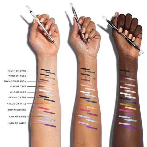 Image 1 - Three arms of different skin tones are shown with colorful swatches of makeup applied from a variety of pencils held in the hands; visible text labels next to each swatch include: Truth or Dare, Want or Need, Rhyme or Reason, Give or Take, Mild or Wild, Friend or Foe, Heads or Tails, Yours or Mine, Rain or Shine, How or Later.
              Image 2 - A grid of colorful brush stroke swatches features ten shades on the left with corresponding numbers and phrases: 1 Truth or Dare, 2 Want or Need, 3 Rhyme or Reason, 4 Give or Take, 5 Mild or Wild, and on the right, 6 Friend or Foe, 7 Heads or Tails, 8 Yours or Mine, 9 Rain or Shine, 10 Now or Later.
              Image 3 - A dual-ended eyeliner in various shades is shown, with the visible text highlighting features such as DOUBLE IMPACT, UNBEATABLE ENDURANCE, and SMOOTH MOVES, alongside details about the products color payoff and formula.
              Image 4 - Image of a circular arrangement of dual-ended gel pencils in various colors labeled Morphe, with three icons indicating All Day Wear, Transfer-Proof, and Water-Proof, along with the text BI-LINER DUAL-ENDED GEL PENCIL.