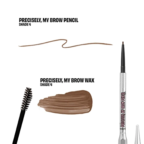 Image 1 - Image shows two brow products: a brow pencil on the right with a thin line of product drawn next to it, and a brow wax on the left with a spoolie brush, both labeled as Precisely, My Brow Pencil and Precisely, My Brow Wax in Shade 4.
              Image 2 - A close-up view of a womans face split into two halves showing the difference in her appearance before and after using a brow pencil; the left side is labeled BEFORE and the right side is labeled OH-SO-PRECISION, with text at the bottom stating Model is wearing Precisely, My Brow Pencil Shade 4.
              Image 3 - Image showing a close-up of a womans face split into two halves: the left side labeled BEFORE shows her natural look, while the right side labeled SERIOUSLY SCULPTED showcases a sculpted appearance with enhanced makeup; visible text at the bottom states Model is wearing Precisely, My Brow wax Shade 4.