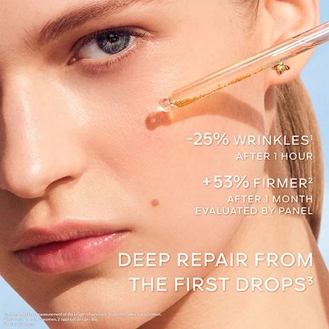 Image 1 - A close-up of a young womans face with a dropper applying a serum near her cheek, featuring text that reads -25% WRINKLES¹ AFTER 1 HOUR, +53% FIRMER² AFTER 1 MONTH EVALUATED BY PANEL, and DEEP REPAIR FROM THE FIRST DROPS³.
              Image 2 - Image shows two pairs of close-up comparisons of facial skin; the top left shows a womans before and after results over seven days with visible text BEFORE and AFTER 7 DAYS, and the bottom left shows a mans before and after results with the same text, with a disclaimer at the bottom about the results varying by individual.
              Image 3 - A golden serum bottle labeled Abeille Royale is placed among hexagonal honeycomb patterns, with descriptions of Trøgstad Honey, Ouessant Honey, and Connemara Honey detailing their skin benefits.
              Image 4 - An abstract image of golden honeycomb with a central depiction of a honeybee, accompanied by text that reads Abielle-Royale, 15 years of research, 9 patents - 9 publications, 3 black bee honeys selected from 300 honey samples analyzed, and new patent filed.
              Image 5 - A gold bottle of serum labeled Abeeille Royale displaying the text SÉRUM HUILE-EN-EAU JEUNESSE YOUTH WATERY OIL SERUM next to a honeycomb background with droplets, featuring the phrase PROVEN DEEP DIFFUSION TEXTURE at the bottom.
              Image 6 - Image shows four skincare products from the Abeille Royale line by Guerlain arranged on a surface, each labeled with steps for use: 1. Prepare Fortifying Lotion, 2. Activate Youth Watery Oil Serum, 3. Target Double R Advanced Serum, 4. Treat Honey Treatment Creams.
              Image 7 - An image showcasing three skincare products from Guerlain, featuring a glass flask of golden oil and two serum bottles labeled Abeille Royale with descriptions: Youth Watery Oil Serum and Double R Renew & Repair Advanced Serum.
              Image 8 - A person in a beekeeping suit stands on a rocky coastal area surrounded by wildflowers, with a beehive nearby and the ocean in the background, and the text states that since 2011, Guerlain has been a patron of the Association of the Ouessant Island Brittany Black Bee Conservatory (ACANB), supporting bee protection and scientific research.