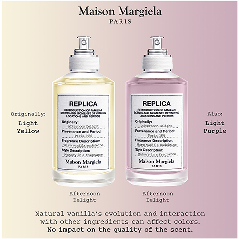 Image 1 - A promotional image featuring two perfume bottles from Maison Margielas Replica line; the bottle on the left is light yellow and labeled Afternoon Delight, while the right bottle is light purple and also labeled Afternoon Delight, with text below noting that natural vanillas evolution can affect colors, without impacting scent quality.