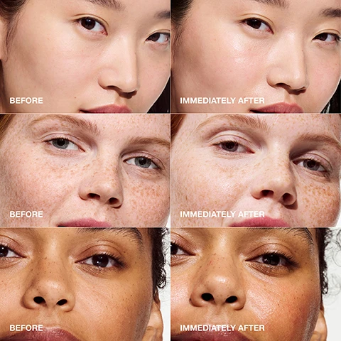 Image 1 - A collage of three pairs of close-up portraits showing individuals with visible skin differences, labeled BEFORE on the left and IMMEDIATELY AFTER on the right for each pair.
              Image 2 - Image shows three petri dishes containing different substances: one with orange powder labeled 5% lactic acid that helps exfoliate dead skin cells, one clear dish with a gel labeled Vitamin C that helps brighten the look of skin, and another clear dish with a viscous substance labeled Hyaluronic acid that helps plump with hydration.
              Image 3 - Image depicts a bottle of Clinique Moisture Surge active glow serum with a dropper, surrounded by three droplet applicators, alongside a list detailing clinical expertise and ingredients it is free of, including fragrance and oil. Visible text includes Formula facts, Dermatologist tested, Safe for sensitive skin, Allergy tested, Fragrance free, and the list of ingredients.
              Image 4 - A close-up of a pink serum bottle with a dropper releasing a glossy liquid, featuring the text 100% show an instant boost in radiance and visible product details including the brand name Clinique and the product name moisture surge, along with active glow serum and sérum actif illuminateur.
              Image 5 - Image shows three Clinique Moisture Surge skincare products including a serum, an SPF moisturiser, and an anytime moisturiser, with text outlining the routine: 1. Serum for an instant and continuous glow, 2. SPF moisturiser for hydration and UV protection, 3. Anytime moisturiser for lightweight hydration 24/7.