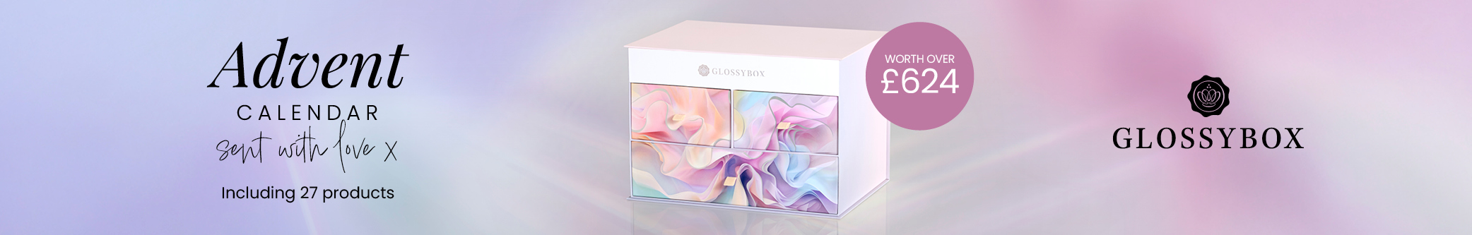 A white Glossybox advent calendar with four drawers featuring pastel swirl designs in pink, purple, and blue tones is centered on a soft gradient background, with text on the left reading Advent Calendar, sent with love x, Including 27 products, and a pink circular overlay on the right of the box stating WORTH OVER £624, alongside a Glossybox logo with a crown icon.