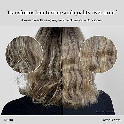 Image 10 - A person with blonde hair displays three pink Living proof. hair products: a restore shampoo, restore conditioner, and restore repair mask, alongside text reading Strengthen + repair routine, Living proof. restore shampoo for damaged hair 236 mL 8.0 FL OZ US Step 1 Cleanse, Living proof. restore conditioner for damaged hair 236 mL 8.0 FL OZ US Step 2 Condition, and Living proof. restore repair mask deeply nourishes & reverses damage 200 mL 6.7 FL OZ US Step 3 Style + protect. Image 3 - A split image presents a woman with reddish-brown, shoulder-length hair; the left side shows her hair appearing frizzy labeled Before, while the right side shows her hair looking smoother and shinier labeled After 1 wash, with the top text stating Restore Shampoo + Conditioner, 95% less breakage with every wash, and a small note at the bottom right indicating Unretouched images. Results after 1 use. Image 4 - A side-by-side comparison shows the back of a persons blonde and light brown hair, with the left side labeled Before displaying dull, frizzy texture, and the right side labeled After 14 days showing smoother, more defined waves, with the visible text Transforms hair texture and quality over time. Air-dried results using only Restore Shampoo + Conditioner Before After 14 days *Based on a 3-week consumer use study. Image 5 - A pink Living Proof Restore shampoo bottle on a blue background with bubbles is displayed next to three blue boxes listing product benefits: Sili-CLONE HairTech delivers 95% less breakage in just 1 wash*, keeps hair cleaner + healthier for longer**, and improves hair texture and quality, with small text at the bottom stating *Restore Shampoo + Conditioner vs. untreated. **Based on Restore Shampoo + Conditioner consumer use study. Image 6 - A blue image with water droplets shows a comparison chart titled Sili-CLONE HairTech vs Silicone, with Sili-CLONE HairTech listed as Hair Actually Becomes Healthier, Keeps Hair Cleaner + Healthier, Longer, and Promotes Longevity of Hair Health, and Silicone listed as Hair Appears Healthy, Damage Is Masked, Makes Hair Dirtier, Faster, and Can Lead to Chronic Damage. Image 7 - A close-up of a white bottle covered in water droplets, sitting on a dark base with dashed white lines and arrows, alongside the text Bottles are ready for recycling. Made of 50% post-consumer recycled (PCR) materials. Image 8 - A blue background features a large cluster of iridescent bubbles on the right, with white text on the left that reads Sil-CLONE™ HairTech, Feels like silicone, scientifically proven to unlock healthier hair.