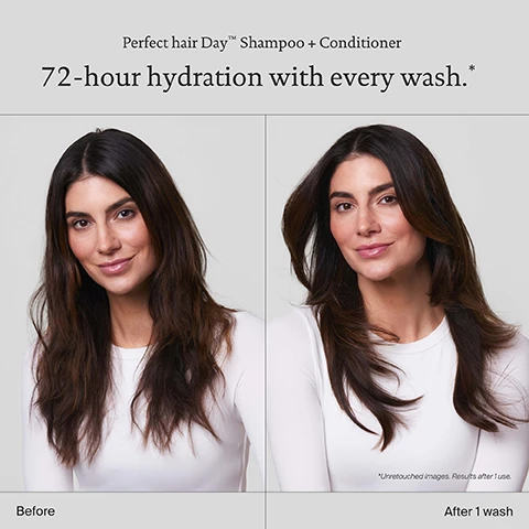 Image 1 - A woman with long, wavy hair is shown in two images side by side; on the left, her hair appears dry and frizzy labeled Before and on the right, her hair looks smooth and shiny labeled After 1 wash with visible text above stating Perfect hair Day™ Shampoo + Conditioner 72-hour hydration with every wash.*
              Image 2 - Image shows a side-by-side comparison of hair before and after using Perfect hair Day™ Shampoo + Conditioner, with close-up circles highlighting texture differences; text at the top reads Transforms hair texture and quality over time. and at the bottom reads Before on the left and After 14 days on the right.
              Image 3 - A bottle of Living Proof Perfect Hair Day conditioner is featured against a blue background with a bubble, accompanied by text that reads: delivers 2X the volume in just 1 wash, improves hair texture and quality, keeps hair cleaner and healthier for longer.
              Image 4 - A hand holds a gray tube of Sili-CLONE HairTech lotion, dispensing a small amount into an open palm, with text that reads Mimics what you love about silicone but makes hair better with every wash and icons for detangling, sleekness, conditioning, and shine.
              Image 5 - An abstract image of colorful, overlapping bubbles against a blue background with the text Sili-CLONE HairTech, 600 lab tests, 170 formula iterations, and 1000 performance tests.
              Image 6 - Image compares Sili-Clone HairTech and silicone hair products, listing benefits of Sili-Clone like hair health improvement and cleanliness, against downsides of silicone like masking damage and causing chronic issues.
              Image 7 - A smooth, creamy backdrop with flowing lines features the text Smooth + creamy, balanced level of conditioning + designed to nourish.
              Image 8 - A woman with long, wavy, light brown hair is seen from the back, next to three hair care products labeled as shampoo, conditioner, and dry shampoo, along with the text Hydrate + extend routine.