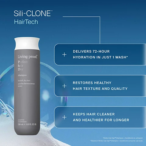 Image 3 - A split image shows a woman with long dark hair, on the left her hair appears dull and frizzy labeled Before, and on the right her hair appears smooth and voluminous labeled After 1 wash, accompanied by the text Perfect hair Day™ Shampoo + Conditioner, 72-hour hydration with every wash, and a disclaimer Unretouched images. Results after 1 use. Image 4 - A before and after comparison image shows a persons light brown wavy hair, with the left side appearing frizzy and dull, labeled Before, and the right side appearing smooth and shiny, labeled After 14 days, accompanied by the text Transforms hair texture and quality over time, Air-dried results using only Perfect hair Day Shampoo + Conditioner, and a small disclaimer Based on a 3-week consumer use study. Image 5 - The image displays a grey Living Proof Perfect Hair Day shampoo bottle partially in white foam on a blue background, with accompanying text Sili-CLONE HairTech; the bottle itself is labeled Living proof. Perfect hair Day shampoo for dull, dry hair pour les cheveux ternes et secs SHAMPOO SHAMPOOING 236 mL e 8.0 FL OZ US; three blue text boxes list product benefits: DELIVERS 72-HOUR HYDRATION IN JUST 1 WASH*, RESTORES HEALTHY HAIR TEXTURE AND QUALITY, KEEPS HAIR CLEANER AND HEALTHIER FOR LONGER; and footnotes read *Perfect hair Day™ Shampoo + Conditioner vs. untreated, **Based on Perfect hair Day™ Shampoo + Conditioner consumer use study. Image 6 - A comparison chart on a blue background with water droplets outlines the differences between Sili-CLONE HairTech and Silicone, stating for Sili-CLONE HairTech: HAIR ACTUALLY BECOMES HEALTHIER, KEEPS HAIR CLEANER + HEALTHIER, LONGER, PROMOTES LONGEVITY OF HAIR HEALTH, and for Silicone: HAIR APPEARS HEALTHY, DAMAGE IS MASKED, MAKES HAIR DIRTIER, FASTER, CAN LEAD TO CHRONIC DAMAGE. Image 7 - A close-up of the upper portion of a white bottle covered in water droplets with dashed white lines overlaying it on a dark grey base, accompanied by the text Bottles are ready for recycling. Made of 50% post-consumer recycled (PCR) materials. Image 8 - A blue background with a cluster of iridescent bubbles on the right, displaying text that reads Sili-CLONE™ HairTech and Feels like silicone, scientifically proven to unlock healthier hair. Image 9 - A person with long, blonde hair is shown from behind, featuring three Living Proof Perfect hair Day products—shampoo, conditioner, and advanced clean dry shampoo—arranged in a routine, alongside the visible text Hydrate + extend routine, STEP 1 Cleanse, STEP 2 Condition, STEP 3 Dry shampoo, Living proof. Perfect hair Day shampoo for dull, dry hair pour les cheveux ternes et secs 236 mL e 8.0 FL OZ US, Living proof. Perfect hair Day conditioner for dull, dry hair pour les cheveux ternes et secs 236 mL e 8.0 FL OZ US, and Living proof. Perfect hair Day advanced clean dry shampoo actually cleans hair + softness and shine nettoie bien les cheveux + douceur et éclat DRY SHAMPOO SHAMPOOING SEC 198 mL e.