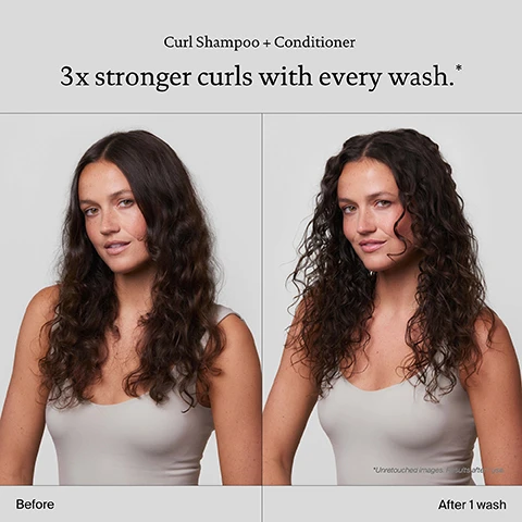 Image 1 - Image shows a side-by-side comparison of a woman with wavy hair labeled Before on the left and After 1 wash on the right, with a header Curl Shampoo + Conditioner and the text 3x stronger curls with every wash.* in the center.
              Image 2 - Image of a woman with curly hair, showing a comparison of her hair before and after using curl shampoo and conditioner; the left side shows fuller, frizzier curls labeled Before, while the right side displays defined and stronger curls labeled After 1 wash, with additional text at the top stating Curl Shampoo + Conditioner and 3x stronger curls with every wash.
              Image 3 - Side-by-side comparison of curly hair showing the difference before and after using Curl Shampoo + Conditioner, with text stating 3x stronger curls with every wash and Before and After 1 wash labels under the images.
              Image 4 - A bottle of Living Proof curl conditioner, which is coral-colored with a white cap, is displayed against a blue background with water droplets; the image includes text stating Sili-CLONE HairTech, Delivers 2X the volume in just 1 wash*, Improves hair texture and quality, and Keeps hair cleaner + healthier for longer**.
              Image 5 - Delivers 3x stronger curls in just 1 wash. Hydrates + improves curl definition. Healthier looking curls with every wash.
              Image 6 - Image of curly dark hair with three hair care products in pink bottles labeled as Living proof curl shampoo, Living proof curl conditioner, and Living proof curl definer, along with the text Curl care routine. and step labels for Cleanse, Condition, and Treat + define.
              Image 7 - Five shampoo and conditioner bottles from Living Proof are displayed against a blue background with the text Which shampoo + conditioner is right for you? followed by labels for each product: FULL for fine, thin, or flat hair; PERFECT HAIR DAY™ for dry, dull hair; RESTORE for damaged, brittle hair; NO FRIZZ for frizzy hair; and CURL for waves, coils, and curls.