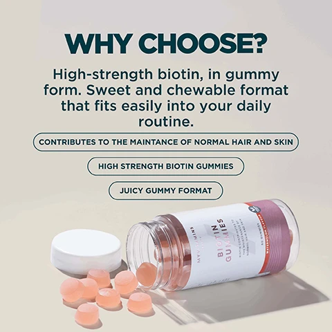 Image 1 - The image displays a bottle of Myvitamins Biotin Gummies with its white cap off and several peach-colored gummies spilled out, accompanied by the text WHY CHOOSE? High-strength biotin, in gummy form. Sweet and chewable format that fits easily into your daily routine. CONTRIBUTES TO THE MAINTANCE OF NORMAL HAIR AND SKIN, HIGH STRENGTH BIOTIN GUMMIES, JUICY GUMMY FORMAT, and the bottle label reading MYVITAMINS BIOTIN GUMMIES NATURALLY CONTRIBUTES TO THE MAINTANCE OF NORMAL HAIR AND SKIN 60 GUMMIES WATERMELON FLAVOUR. Image 2 - A close-up of numerous light pink, translucent gummies with the text POWERFUL DOSE OF BIOTIN IN A JUICY GUMMY overlaid. Image 3 - An image displaying nutritional information on a grey background with a pink accent, showing a white box titled ACTIVE INGREDIENTS with Daily Serving 2 Gummies and Biotin 10,000µg (20,000%*) and a note *NRV - Nutrient Reference Value, all under the main title NUTRITIONAL INFORMATION.