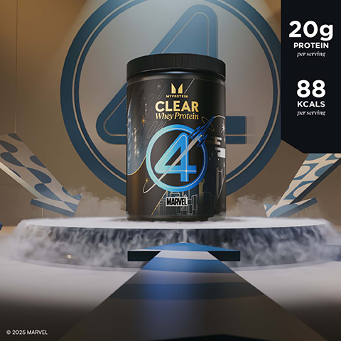 A black Myprotein CLEAR Whey Protein tub with a blue number 4, a rocket, and the Marvel logo sits on a smoky white platform with blue arrows, set against a background featuring a large blue 4; visible text also includes 20g Protein per serving, 88 Kcal per serving, and © 2025 MARVEL.