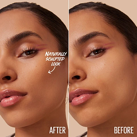 Image 1 - Image shows a side-by-side comparison of a womans face, with the left side labeled AFTER showing a makeup look featuring a pink eye liner and highlighting, and the right side labeled BEFORE showing her natural look; there is handwritten text pointing to the left side that says NATURALLY SCULPTED LOOK.
              Image 2 - Image of several cosmetic sticks with the focus on a central stick labeled LIFTER STIX along with the text MULTI-USE, SMOOTH, CREAMY GLIDE, and BLENDS EASILY.
              Image 3 - Four close-up images of a models face demonstrating makeup application techniques labeled as Cover, Contour, Highlight, and Brightens Undereyes, with the text USE 4 WAYS prominently displayed in the center.
              Image 4 - A close-up of a woman’s face showcasing makeup application with different shades of foundation on her cheek, and the text MAKE IT A DUO in the top right corner.
              Image 5 - Image shows a light pink background with various translucent bubbles of different sizes, and the text reads FORMULA WITH CRANBERRY SEED OIL FOR A SMOOTH, CREAMY GLIDE AND NON-DRYING FEEL.
              Image 6 - A person with short blonde hair is applying a bronzer stick to their face, which has dotted lines indicating where to contour, with the text SWIPE TO SCULPT visible at the bottom.
