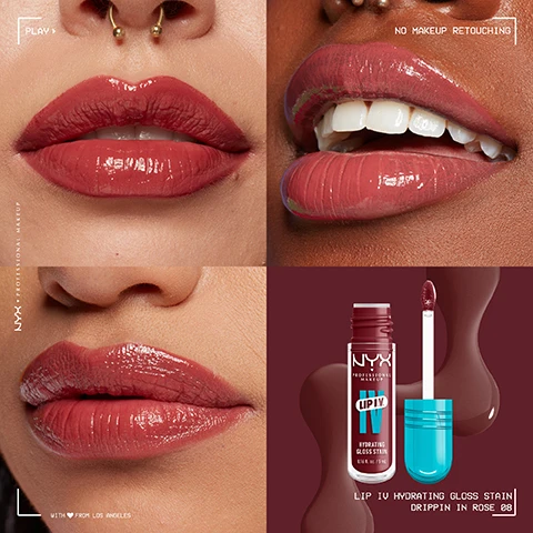 Image 1 - The image showcases four close-up views of lips with different lip products applied, featuring shades of reddish lip gloss; the visible text includes NYX PROFESSIONAL MAKEUP, NO MAKEUP RETOUCHING, and LIP IV HYDRATING GLOSS STAIN DRIPPIN IN ROSE 08.
              Image 2 - Image shows a tube of NYX Hydrating Gloss Stain with a clear applicator wand against a turquoise background, featuring text that reads WETTER IS BETTER!, HYDRATING WET SHINE + LASTING STAIN, INSTANT VITAMIN LIP COLOR, and a badge stating UP TO 12H WET HYDRATION.
              Image 3 - Close-up of a persons smiling lips, with the top half showcasing glossy lip color labeled SHINE and the bottom half displaying a matte finish labeled STAIN; visible text includes NO MAKEUP RETOUCHING and LIP IV HYDRATING GLOSS STAIN DRIPPIN IN ROSE 08.
              Image 4 - An image of a coconut half with a lip gloss product from NYX Professional Makeup prominently displayed, surrounded by water splashes on a pink background, with text that reads LIP IV WITH INSTANT VITAMINS and lists MAGNESIUM, VITAMIN B12, and COCONUT WATER.
              Image 5 - A person with braided hair is applying a dark lip product with a blue applicator, and the image includes a graphic featuring a drip-shaped applicator along with the text DRIP-SHAPED APPLICATOR FOR DOSED, PRECISE AND SMOOTH APPLICATION.
              Image 6 - Image shows three arms with swatches of various lip gloss shades on their forearms against a turquoise background, with the left arm featuring lighter shades and the right arm featuring darker shades; visible text includes the product name NYX PROFESSIONAL MAKEUP and the list of shades numbered 01 to 16.
              Image 7 - A smiling young woman with dark hair and pink eye makeup holds a clear lip gloss tube labeled NYX Lip IV Hydrating Gloss Stain Drippin in Rose 08, against a pastel blue background, with the text NO MAKEUP RETOUCHING visible.
              Image 8 - A woman with dark curly hair poses with a glossy, deep burgundy lip color while holding a bottle of NYX Lip I.V. Hydrating Gloss Stain in Espresso Soak 06 against a bright blue background; the image features the text NO MAKEUP RETOUCHING in the upper right corner.
              Image 9 - A hand with long pink nails holds a NYX Professional Makeup Lip IY Hydrating Gloss Stain in a clear container with a teal cap, against a blue background, featuring arrows pointing to the products dimensions labeled Width, Volume, and Height, along with accompanying text showing the measurements 20 mm, 0.13 fl oz and 85.2 mm.