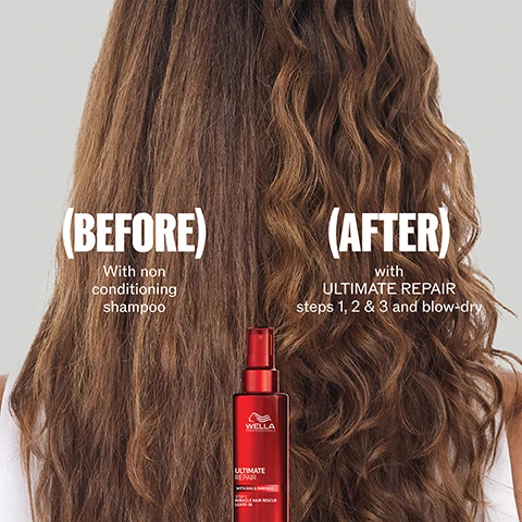 Image 1 - A before and after image shows hair treated with non conditioning shampoo on the left (BEFORE) and wavier hair treated with ULTIMATE REPAIR steps 1, 2 & 3 and blow-dry on the right (AFTER), with a bottle of WELLA ULTIMATE REPAIR WITH AHA + OMEGA 9 MIRACLE HAIR RESCUE LEAVE-IN in the foreground. Image 2 - Red background with white text and a red spray bottle, REPAIR HAIR DAMAGE IN 90 SECONDS WELLA PROFESSIONALS. Image 3 - A bottle of Wella Professionals Miracle Oil Serum surrounded by golden liquid splashes with the text NOURISH IN 30 SECONDS SMOOTHNESS THAT LASTS UP TO 3 DAYS* * If unwashed for 3 days, vs. untreated and on the bottle WELLA PROFESSIONALS ULTIMATE SMOOTH WITH SQUALANE & OMEGA-9 STEP 3 MIRACLE OIL SERUM. Image 4 - An abstract image shows layers resembling scales peeling away from a surface to reveal an internal orange glow with the text PATENTED TECHNOLOGY WITH SQUALANE & OMEGA 9 OUTSIDE Creates a protective barrier INSIDE It deeply nourishes the hair. Image 5 - Two Wella hair product bottles, one red and one bronze, next to text reading MEET OUR MIRACLE DUO REPAIR HAIR DAMAGE IN 90 SECONDS 99% LESS BREAKAGE* LIGHTWEIGHT SMOOTHNESS BEST FOR DAMAGED HAIR NOURISH HAIR IN 30 SECONDS HEAT PROTECTION & FRIZZ CONTROL SILKY SMOOTH FEEL BEST FOR FRIZZY & DRY HAIR *When using ULTIMATE REPAIR Miracle Hair Rescue. Instrumental test versus non-conditioning shampoo.