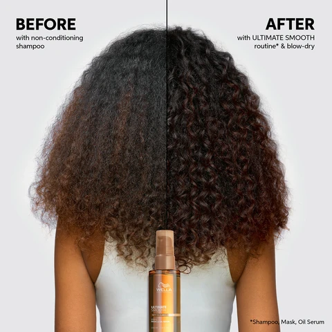 Image 1 - A bottle of Wella Professionals Ultimate Smooth Miracle Oil Serum is prominently displayed with a golden background, and the text reads: NOURISH IN 30 SECONDS SMOOTHNESS THAT LASTS UP TO 3 DAYS * If unwashed for 3 days, vs. untreated.
              Image 2 - Before and after image showing before with non-conditioning shampoo and after with Ultimate Smooth routine & blow dry. Routine as Shampoo, Mask, Oil Serum.
              Image 3 - A bottle of the product lay on its side with droplets of oil around it. Text says dermatologically tested, suitable for colored hair and UV & heat protection up to 220 degrees.
              Image 4 - A hand holding a red spray bottle labeled WELLA PROFESSIONALS ULTIMATE REPAIR, with bold text stating REPAIRS DAMAGE 90 IN SECONDS INSIDE & OUT.
              Image 5 - Image showing a comparison of hair before and after using a product, with the left side labeled BEFORE with non conditioning shampoo and the right side labeled AFTER with ULTIMATE REPAIR steps 1, 2 & 3 and blow-dry, featuring a bottle of Wella Professionals Ultimate Repair in the center.
              Image 6 - The image shows two sections of hair: the top section is light and damaged with text that reads REBUILD BONDS INSIDE WITH AHA, while the bottom section is dark and healthy with text that says REPLENISH HAIR OUTSIDE WITH OMEGA-9.