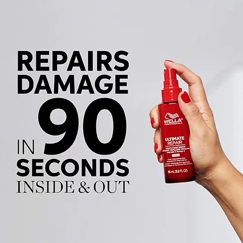 Image 1 - A hand holding a red spray bottle labeled WELLA PROFESSIONALS ULTIMATE REPAIR, with bold text that reads REPAIRS DAMAGE 90 IN SECONDS INSIDE & OUT.
              Image 2 - Image shows two sections of hair; the top section has a light, damaged look with the text REBUILD BONDS INSIDE WITH AHA, and the bottom section features darker, healthier hair with the text REPLENISH HAIR OUTSIDE WITH OMEGA-9.
              Image 3 - Side-by-side comparison of hair before using Wella Professionals Ultimate Repair and after with visible text saying BEFORE with non conditioning shampoo on the left and AFTER with ULTIMATE REPAIR steps 1, 2 & 3 and blow-dry on the right, featuring a red bottle of the product in the center.
              Image 4 - A bottle of O.P.I Repair Mode nail serum is partially open with a white applicator brush beside it, resting on a bright green surface dotted with water droplets, and features the text 99% Nail Keratin Repair*.
              Image 5 - A close-up image shows a dark-skinned hand holding a nail brush applying a clear product to a manicured nail, with visible text stating First Ever Patented Ulti-Plex Technology™ and Vegan Formula*.
              Image 6 - A close-up image of two fingers side by side, showing a nail on the left labeled BEFORE that appears damaged and a nail on the right labeled AFTER* which looks healthy and well-groomed, with additional text stating *When used as directed.
