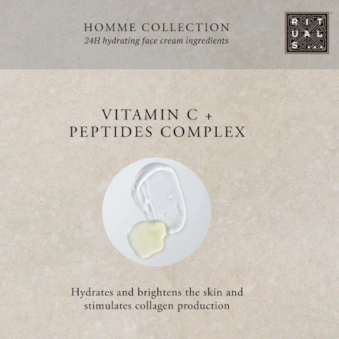 A close-up image of a circular arrangement of a clear gel and a creamy substance on a textured background with the text HOMME COLLECTION 24H hydrating face cream ingredients, VITAMIN C + PEPTIDES COMPLEX, and Hydrates and brightens the skin and stimulates collagen production.
              
