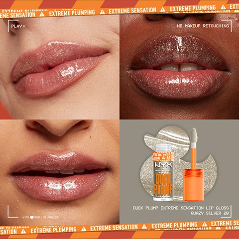 Image 1 - A collage of four close-up images showing shiny lips with lip gloss in various shades, featuring the text NO MAKEUP RETOUCHING and the product DUCK PLUMP EXTREME SENSATION LIP GLOSS QUAZY SILVER 20 alongside a stylized applicator and packaging.
              Image 2 - Image shows a colorful advertisement for NYX Professional Makeups Duck Plump family featuring three lip plumping products in orange tubes, a sparkling rubber duck with a purple beak, and text that reads THE DUCK PLUMP FAMILY IS GETTING PLUMPER! CAUTION! THIS PLUMP LIKES TO PARTY! Now in 3 holographic toppers.
              Image 3 - Image showing a comparison of lips before and after using a high pigment extreme plumping gloss, with the left side labeled BEFORE and the right side labeled AFTER; visible text includes cautionary statements about possible effects and branding details indicating vegan and cruelty-free status.
              Image 4 - Image shows several tubes of NYX Professional Makeup Duck Plump lip gloss in various colors, a swab applicator, and a rubber duck with exaggerated lips against a vibrant orange background, with text indicating INFUSED WITH SPICY GINGER, INSTANT & OVER TIME PLUMPING, and High shine, shimmery finish.
              Image 5 - A close-up of a young woman with light blue eyes and glossy lips, holding a tube of NYX Duck Plump Extreme Sensation Lip Gloss in Quazy Silver 20, with a bright orange background and visible text that reads NYX PROFESSIONAL MAKEUP and NO MAKEUP RETOUCHING.