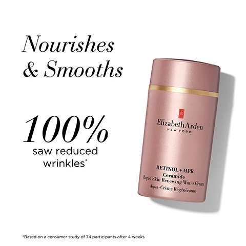 Image 1 - A pink skincare product bottle is displayed against a white background with the text that reads Nourishes & Smooths 100% saw reduced wrinkles* RETINOL + HPR Ceramide Rapid Skin Renewing Water Cream Aqua-Crème Régénérante, with a small note indicating *Based on a consumer study of 74 participants after 4 weeks.
              Image 2 - A transparent container filled with pink, pearl-like capsules, alongside text stating Smooths Lines & Wrinkles, 95% saw reduced wrinkles, and a note about a consumer study.
              Image 3 - An arrangement of four pink capsule-shaped serum containers is shown, with the text Capsule Advantage above and bullet points listing benefits: Single-dose serum, Biodegradable, Free from added fragrance, and Sealed to protect from light & air to protect potency.
              Image 4 - Image of a pink tube of Elizabeth Arden Retinol Ceramide Line Erasing Eye Cream, with the text Brightens & De-Puffs, 98% saw an overall improvement in eye area*, and a note about a consumer study at the bottom.
              Image 5 - Image shows three skincare products from Elizabeth Arden: a pink tube labeled Retinol Ceramide Line Erasing Eye Cream, a clear container holding pink capsules labeled Ceramide Capsules, and a pink jar labeled Retinol + HPR Ceramide Rapid Skin Renewing Water Cream, with the title Retinol Night Regimen and steps indicating the functions of each product: Step 1 Brightens & de-puffs, Step 2 Smooths lines & wrinkles, Step 3 Nourishes & smooths.