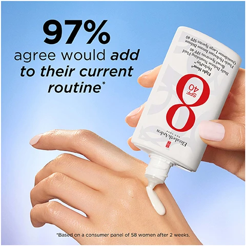 Image 1 - A hand is applying a lotion labeled SPF 40 onto the skin, with a light blue background that includes text stating that 97% agree would add to their current routine, based on a consumer panel of 58 women after 2 weeks.
              Image 2 - A close-up image of a smooth, creamy substance on a blue background with text labels that read Non-sticky, Lightweight fluid, and No white cast.
              Image 3 - Side-by-side comparison of a womans face showing skin before and immediately after using a product, with visible text that reads BEFORE on the left, IMMEDIATELY AFTER on the right, and 90% agree immediately skin texture is improved* at the bottom.
              Image 4 - A white bottle of Elizabeth Arden Eight Hour Cream with a red cap sits on a light blue background, accompanied by icons and text listing eight benefits, including protects against UVA/UVB, boosts hydration, fights free radicals, shields blue light, no white cast, defends against pollution, fragrance-free, and non-comedogenic.
              Image 5 - A woman with dark skin and short hair is applying a skincare product to her face, with a focus on her cheek; the image includes the text 95% agree formula feels lightweight, based on a consumer panel of 58 women after 2 weeks.
              Image 6 - Image of a skincare product bottle with a red cap and white label showcasing text that states 95% agree skin feels more supple & looks radiant, along with the product name Elizabeth Arden and SPF 40 on the label, and a note indicating based on a consumer panel of 58 women after 2 weeks.
              Image 7 - Image shows three circular sections containing skincare ingredients: a yellow oil, blue spheres, and a white cream or gel with a green sprout, labeled with text that reads BOTANICAL SHIELD detoxes, defends & protects, ANTIOXIDANTS soothe & defend, and SUGAR BEET EXTRACT strengthens skins moisture barrier.
              Image 8 - Image shows three skincare products on a gradient background, with the first labeled CLEANSE & PREP, the second labeled HYDRATE, and the third labeled PROTECT WITH SPF, featuring the brand name Elizabeth Arden and the product names and numbers Eight Hour Hydrating Cream and Eight Hour Protection SPF 45.
              Image 9 - Four skincare products from the Elizabeth Arden Eight Hour family are displayed against a blue background, with creamy product swatches nearby and a red seal indicating 190+ Beauty Awards Worldwide.