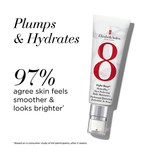 Image 1 - A tube of Elizabeth Arden Eight Hour HydraPlay Daily Moisturizer is shown, with text stating Plumps & Hydrates and 97% agree skin feels smoother & looks brighter* followed by a small note about the study basis.
              Image 2 - Image shows a pink background with circular icons and text listing the benefits of HydraPlay™: hydrate, brighten, perfect and refine pores, prime, smooth, soothe, strengthen barrier, and oil control.
              Image 3 - A lipstick tube with a creamy orange shade is shown alongside its cap, with visible text listing benefits: Hydrates, Soothes, Protects with SPF 15, Smooths.
              Image 4 - Image features various icons illustrating the benefits of lip protectant, arranged in a grid on a pink background, with the title Lip Protectant Benefits at the top and benefits including All-Over Moisture, Shine Lips & Cheeks, Soothe Dry Hands, Heals Cuts/Scrapes, Tame Hair & Eyebrows, Treat Sun/Wind Burn, Relieve Chapping, and Smooths Cuticles displayed around the icons.