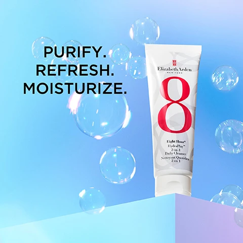 Image 1 - A tube of Elizabeth Arden Eight Hour HydraPlay 2-in-1 Daily Cleanser is shown against a blue background with bubbles, accompanied by the text Purify. Refresh. Moisturize.
              Image 2 - A creamy, light pink clay cleanser with a whipped mousse texture is shown alongside labels that read Clay cleanser, Mineral-rich, and Whipped mousse texture.
              Image 3 - A split image showing a womans face before and after using a skincare product, with the left side labeled BEFORE and the right side labeled IMMEDIATELY AFTER, and featuring the text 96% agree skin looks healthy* at the bottom.
              Image 4 - An image of a hand holding a tube of Elizabeth Arden Eight Hour HydraPlay 2-in-1 Daily Cleanser against a colorful background, with eight benefits listed alongside the product: Non-stripping, Purifies, Refreshes, Minimizes pores, Pre/Post biotics, Absorbs oils, Non-comedogenic, Soothes.
              Image 5 - A smiling person with red hair and freckles is facing the camera against a blue background, with the text 80% saw reduction in pores* displayed prominently below.
              Image 6 - A tube of Elizabeth Arden Eight Hour HydraPlay 2-in-1 Daily Cleanser is shown against a light blue background, with creamy cleanser swirled on the side; the text outlines usage instructions: WASH OFF IMMEDIATELY to cleanse skin and LEAVE ON FOR 1 MINUTE as a quick mask.
              Image 7 - A tube of Elizabeth Arden Eight Hour HydraPlay 2-in-1 Daily Cleanser is placed on a round surface alongside a glass jar of cotton swabs and a toothbrush holder, with the text 94% agree skin looks cleaner and a note about the consumer study at the bottom.
              Image 8 - Image shows three glass dishes on a light blue background containing different skincare ingredients: a dish with pink kaolin clay labeled PINK KAOLIN CLAY extracts dirt, oil & impurities, a dish with a clear gel containing bubbles labeled PRE/POST BIOTICS support & balance skin’s microbiota, and a dish with liquid droplets labeled GLYCERIN hydrates, softens & smooths.
              Image 9 - A flat lay of four Elizabeth Arden Eight Hour skincare products on a light blue background, with a circular red badge stating EIGHT HOUR® FAMILY 190+ Beauty Awards Worldwide.